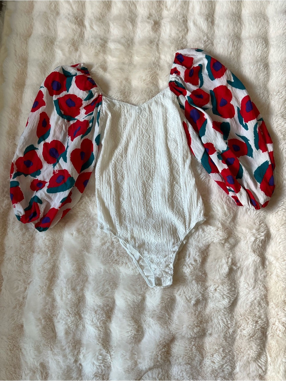 BUCKETLIST White Bodysuit with Red and Teal Floral Puff Sleeves